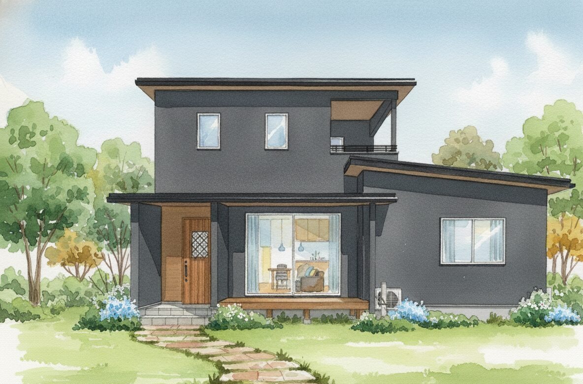 グレーの塗り壁の外観