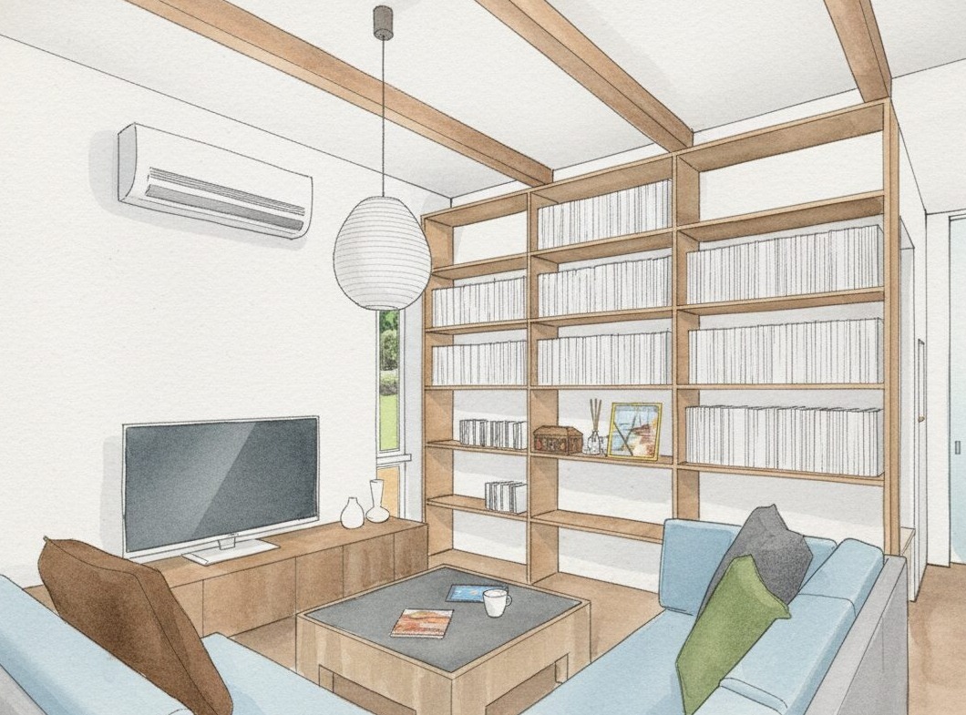 おおきな本棚の家_LDK